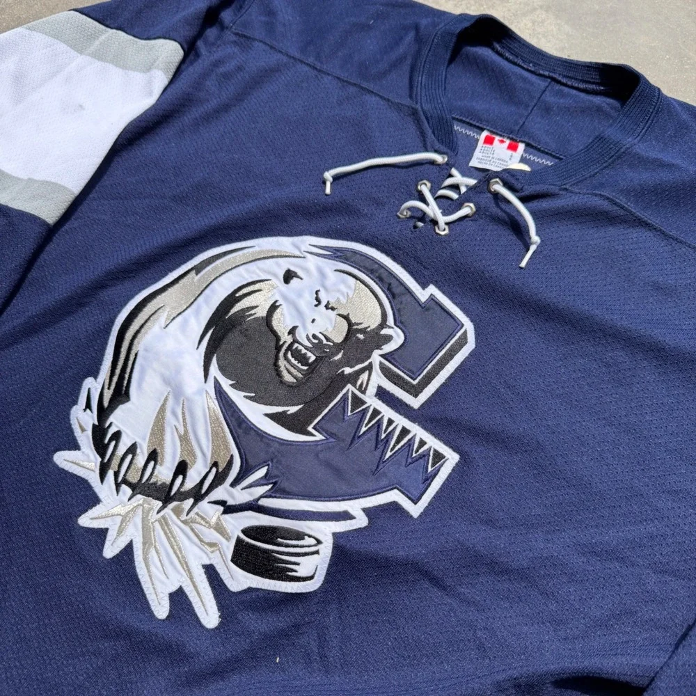 CCM Navy Blue Hockey‎ Jersey Mens Large BEHR 30 Polar Bear Chesapeake Lace Up